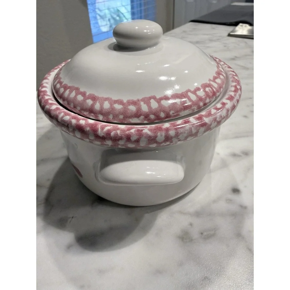 Vintage Style Ceramic Mini Crock with Lid White Pink Heart Sponge Paint Decor